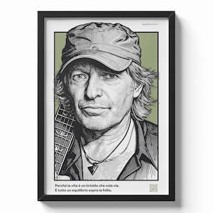 Quadrisonanti - Ritratto Vasco Rossi poster con QR code | Stampa musicale Scan & Listen | Regalo musica rock italiana | Wall art cantante