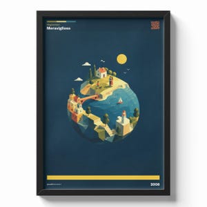 May include: A framed art print depicting a stylized coastal town on a globe. The artwork includes a lighthouse, bridge, and small buildings, with the text "Negramaro Meraviglioso" at the top and "2008" at the bottom. The background is dark blue.