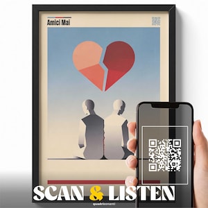Amici Mai Antonello Venditti Poster, Italian Music Wall Art with QR Code, Broken Heart Illustration Print, Minimal Relationship Art