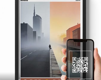 Milano Poster Lucio Dalla Inspired Wall Art Minimal Cityscape Print Milan Decor Italy Travel Poster QR Code Scan and Listen