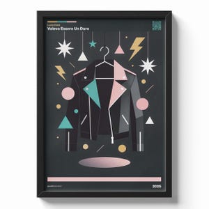 May include: Black framed art print featuring a stylized illustration of a black leather jacket with pink and teal accents, hanging on a hanger. The artwork includes geometric shapes, stars, and lightning bolts. Text at the top reads "Lucio Corsi Volevo Essere Un Duro".