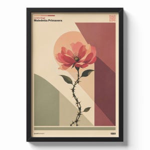 Peut inclure: Impression d'art encadrée avec une illustration florale stylisée. L'œuvre présente une fleur rouge avec une tige épineuse, sur fond de formes géométriques rouges, vertes et beiges. Le texte "Loretta Goggi Maledetta Primavera" et l'année 1981 sont inclus.