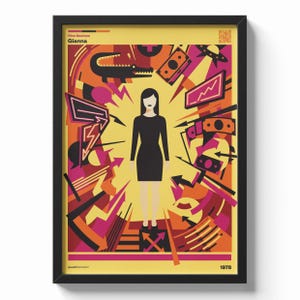 Può includere: Una stampa artistica incorniciata con una donna in abito nero circondata da forme e simboli astratti in una vivace tavolozza di colori giallo, arancione, rosa e nero. La stampa include il nome "Gianna" e l'anno "1978".