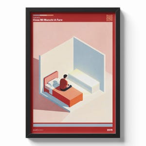 Può includere: Stampa artistica incorniciata con un'illustrazione isometrica di una persona seduta su un letto. L'opera d'arte utilizza una tavolozza di colori rosso, bianco e beige, con il testo "Calcutta Cosa Mi Manchi A Fare" in alto e "2015" in basso.