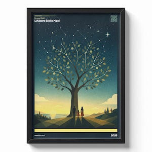 Può includere: Stampa artistica incorniciata con un albero stilizzato con una silhouette familiare, ambientata su uno sfondo di tramonto e cielo stellato. L'opera include il testo "L'Albero Delle Noci" e l'anno 2025.