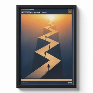 Può includere: Stampa artistica incorniciata con un'illustrazione stilizzata di persone che camminano su un sentiero a zig-zag verso una luce brillante. L'opera d'arte ha uno sfondo sfumato di tonalità arancioni e blu. Il testo in alto recita "Antonello Venditti Che Fantastica Storia È La Vita."