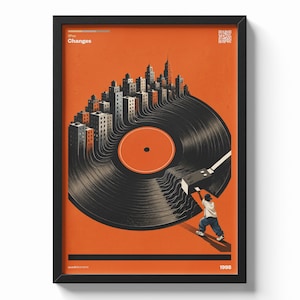 Può includere: Un poster incorniciato con un disco in vinile nero che si trasforma in uno skyline cittadino su sfondo arancione. Una figura con camicia bianca e jeans blu manovra la testina sul vinile. Il testo include 3Pac, Changes e 1998.