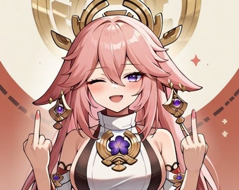 Yae Miko Flipping Off, Genshin Impact Vinyl Sticker