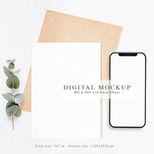 Karte und iPhone Mockup, klares Mockup, Zweigkarten Mockup, 13x18 Karte und Kraft Umschlag, Geräte Mockup Minimalistisch