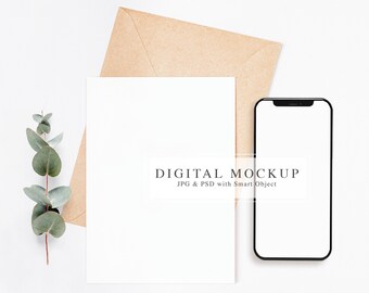 5x7 Card and iPhone Mockup, Clear Stationery, Kraft Envelope (Digital Download)