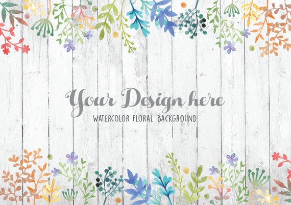Watercolor Floral Background Feminine Wood Desk Mockup Hand Painted