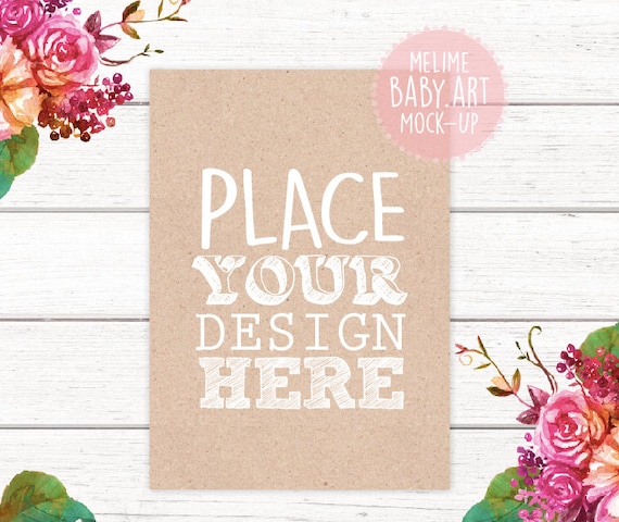 Kraft Card Mockup Watercolor Floral Background 5x7 Kraft Card