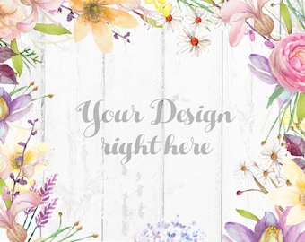 Download Free Watercolor Floral Background, Floral Wood Desk Mockup, Hand painted floral MockUp, White Wood Mockup, Wedding Mock Up (WatercolorFloral) PSD Template