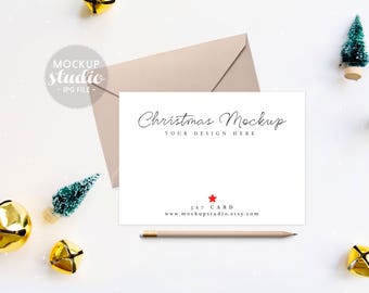 Download Free Christmas Landscape Card Mockup, Christmas Greeting card Mock-up, Flat lay Card Mockup, Christmas 5x7 Card Mockup (B8-Mock) PSD Template