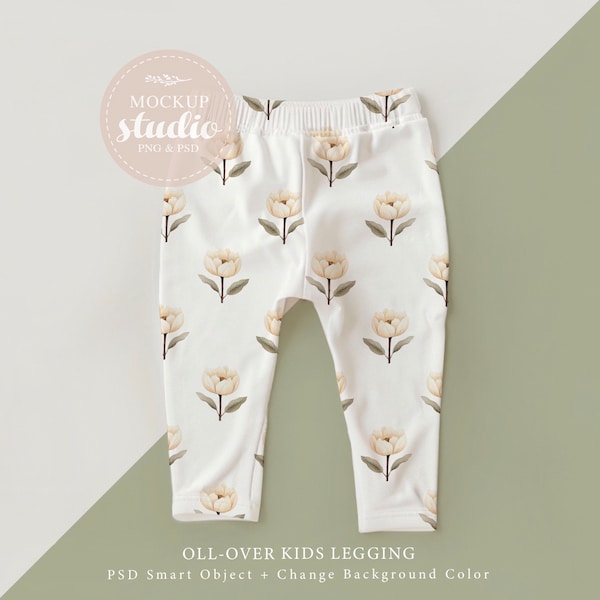 Kids Leggings MOCKUP, White Toddler Stretch Pants Template, All-Over Digital Mockup PSD smart object, Children Fashion Apparel Presentation