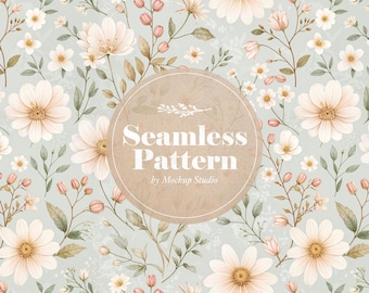 Floral Daisy Seamless Pattern: Sage Green & Blush (PNG Digital Download)