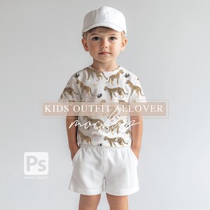 May include: A white t-shirt with a leopard print design. The shirt is being modeled by a child wearing white shorts and a white baseball cap. "KIDS OUTFIT ALLOVER MOCKUP" is written in white text on a light brown rectangle.