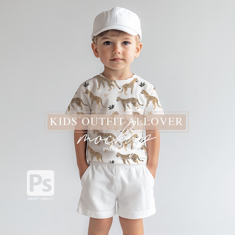 May include: A white t-shirt with a leopard print design. The shirt is being modeled by a child wearing white shorts and a white baseball cap. "KIDS OUTFIT ALLOVER MOCKUP" is written in white text on a light brown rectangle.