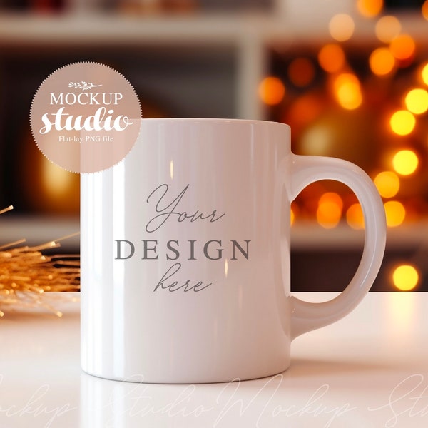 Ceramic Mug Minimalist Mock-up, Festive Mug Mock-up, Flat-Lay Coffee Cup Mug Mockup, 11oz Mug Styled Stock Photography, Pod Ceramic Cup