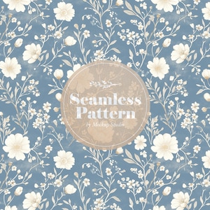 May include: A seamless pattern design with white and beige floral elements on a blue background. The design includes large and small flowers, buds, and leaves. The text "Seamless Pattern" is displayed in a circular graphic.