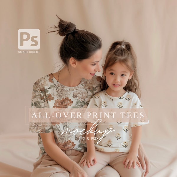 Mom and Me Cotton Tee All-over Mockup, PSD smart object, Matching Outfit Template, Editable Shirt Mockup, Family Apparel Design Display