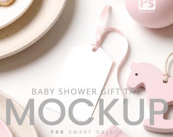 Étiquette vierge avec maquette de ruban rose : modèle PSD d'étiquette-cadeau pour baby shower (2 x 3,5 pouces)
