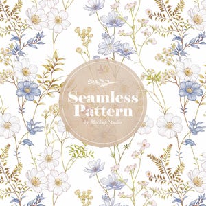 Seamless Floral Pattern Digital Download, Vintage Botanical Print, Dust Blue and White Flower Illustration for Fabric and Wallpaper