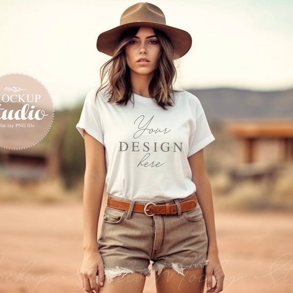 Bella Canvas Cowgirl Tee Mock-up, Vintage Inspired Shirt Mock-up, Bella Canvas 3001 White, Western Boho, Country Shirt Model Mockup