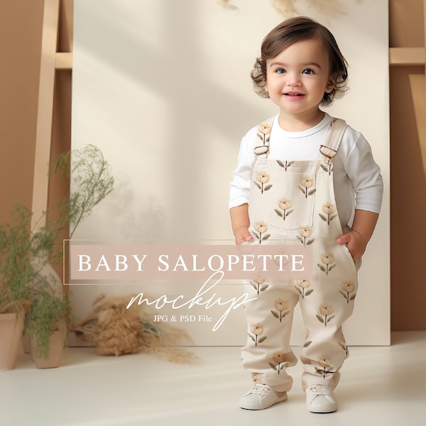 Baby Salopette Mockup, All-Over Print Babykleidung Mockup, Stoffe Mockup, PSD Smart-Objekt, nahtloses Muster Mockup