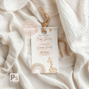Blanco digitaal labelmodel, tagmodel neutrale tinten, Gitf-tagmodel, mockup kledinglabel, bedankt babyshower, slim PSD-tag-object