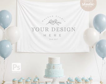 Mockup de Tapeçaria de Parede para Chá de Bebê – Faixa para Festa de Bebê Menino | Objeto Inteligente em PSD e PNG Plano