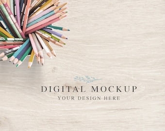 Back to School Mock-up, Kids Mockup, Light Ristic Wooden Background Mockup, Kids Art and Craft Mock-Up, Kids Pencil Desk Mockup