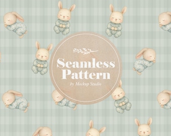 Modèle sans couture numérique lapin endormi - aquarelle minimale pour chambre d'enfant, textile imprimable