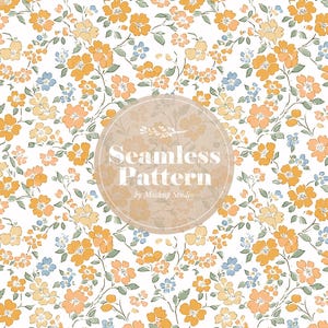 Pode incluir: Um padrão floral contínuo com flores laranja, amarelas e azuis e folhas verdes sobre um fundo branco. O design inclui o texto "Seamless Pattern" dentro de um gráfico circular.