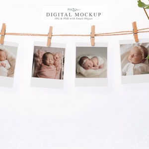 Makieta baneru Baby Phoyo, makieta minimalistycznego zestawu kartek ze zdjęciami, makieta Quattro carte sospese, makieta PSD, makieta baneru ze zdjęciami Bunting