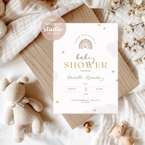 Minimalistische uitnodigingsmodel, genderneutraal babyshowermodel, kaart PSD-model, verjaardagsuitnodiging natuurlijke tinten mockup