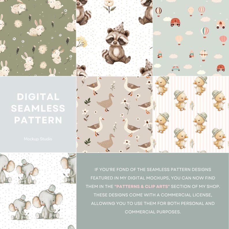 May include: A set of 10 digital seamless patterns featuring cute animal illustrations. The patterns include a raccoon, a duck, a bunny, an elephant, and a hot air balloon. The patterns are perfect for creating digital products like fabric, wallpaper, and wrapping paper.