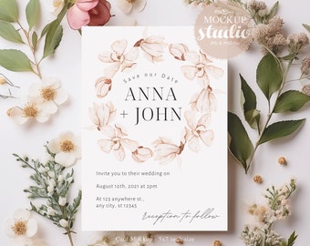 Wedding Invitation Card Mockup, Greeting Card Botanical Mock-up, 5x7 Wedding Invite PSD Mock up, Retro Floral Wedding Stationery Mock