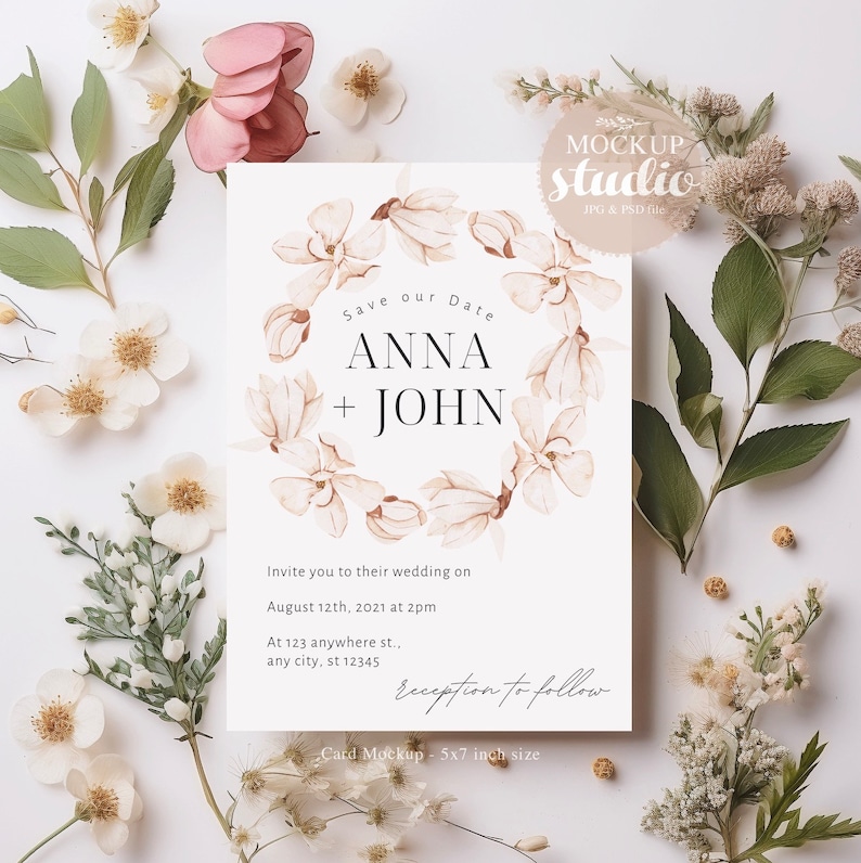 Wedding Invitation Card Mockup, Greeting Card Botanical Mock-up, 5x7 Wedding Invite PSD Mock up, Retro Floral Wedding Stationery Mock image 1