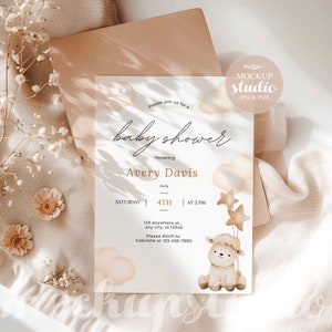 Makieta karty urodzinowej dla dziecka, minimalistyczna makieta zaproszenia, neutralna pod względem płci makieta baby shower, makieta karty PSD
