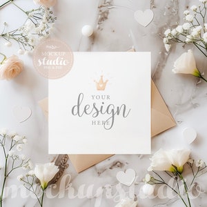 Maqueta de invitación de boda cuadrada, maqueta PSD de tarjeta de boda retro con sobre kraft