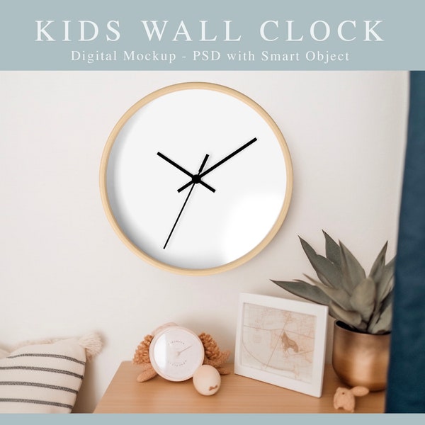 Circle Clock Mockup, Kids Room Wall Clock Mockup, Wood Frame Clock Mockup, Clock Mockup PSD Smart Object, Kids Hanging Clock Mockup