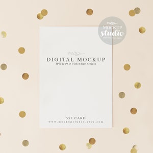 Gouden confettikaartmodel, crèmekleurige tinten uitnodigingskaartmodel, PSD Smart Object kaart uitnodigingsmodel, feestmodel, 5 x 7 kaartmodel boho
