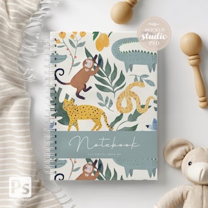 Maqueta de cuaderno en espiral, descarga digital PSD, maqueta de diario infantil minimalista, maqueta de portada de libro en blanco