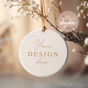 White Blank Ceramic Ornament Mockup, Christmas Ceramic Ornament Mockup, Round Ornament, PSD smart object, Christmas Tag Mock-up Minimalist