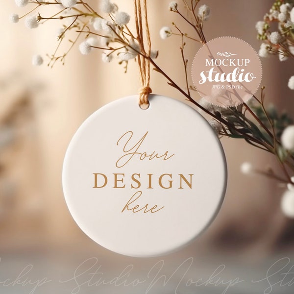 White Blank Ceramic Ornament Mockup, Christmas Ceramic Ornament Mockup, Round Ornament, PSD smart object, Christmas Tag Mock-up Minimalist