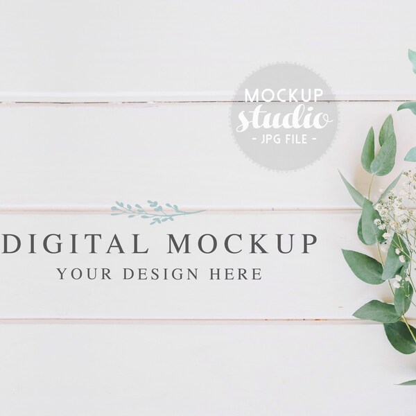 Botanical Mockup, White Wood Mockup, Wedding Mockup, Spring Leaves Mock-Up, Flat Lay Botanical Digital Background, (Botanical.Mock)