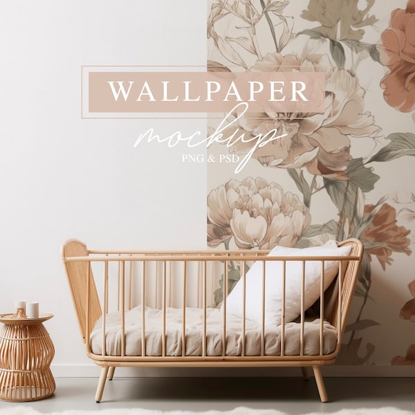 Cream Tones Nursery Wallpaper Mock-up, PSD Smart Object, Minimalist Empty Wall Mockup Mockup, Boho Aesthetic Kids Interior Mockup