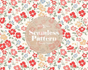 Florales nahtloses Muster, Aquarell rote kleine Blumen Liberty of London Style, PNG (Digitaler Download)