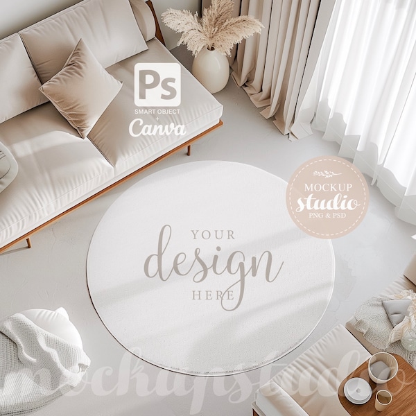 Round Area Rug Mockup, PSD Living Room Rug, Cozy Boho Decor Digital File, Interior Design Showcase, Editable Carpet Template